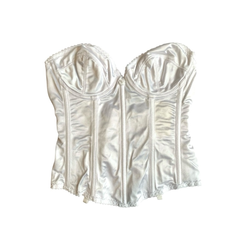 Vintage 80s Corset White Satin Pearl Embellished with Boning